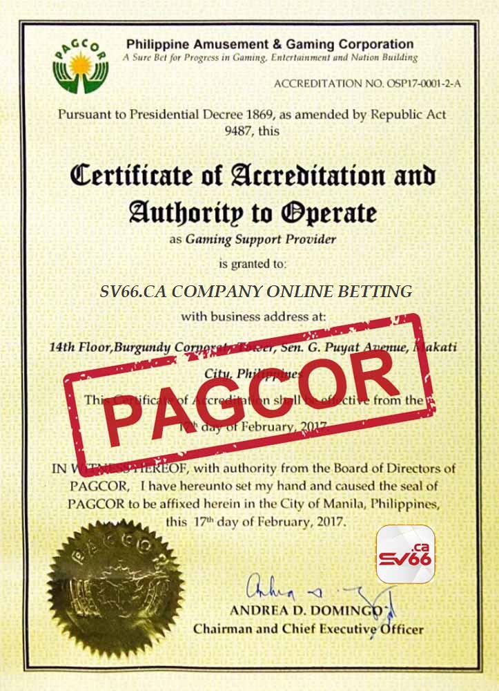 Chứng nhận PAGCOR nhà cái SV66